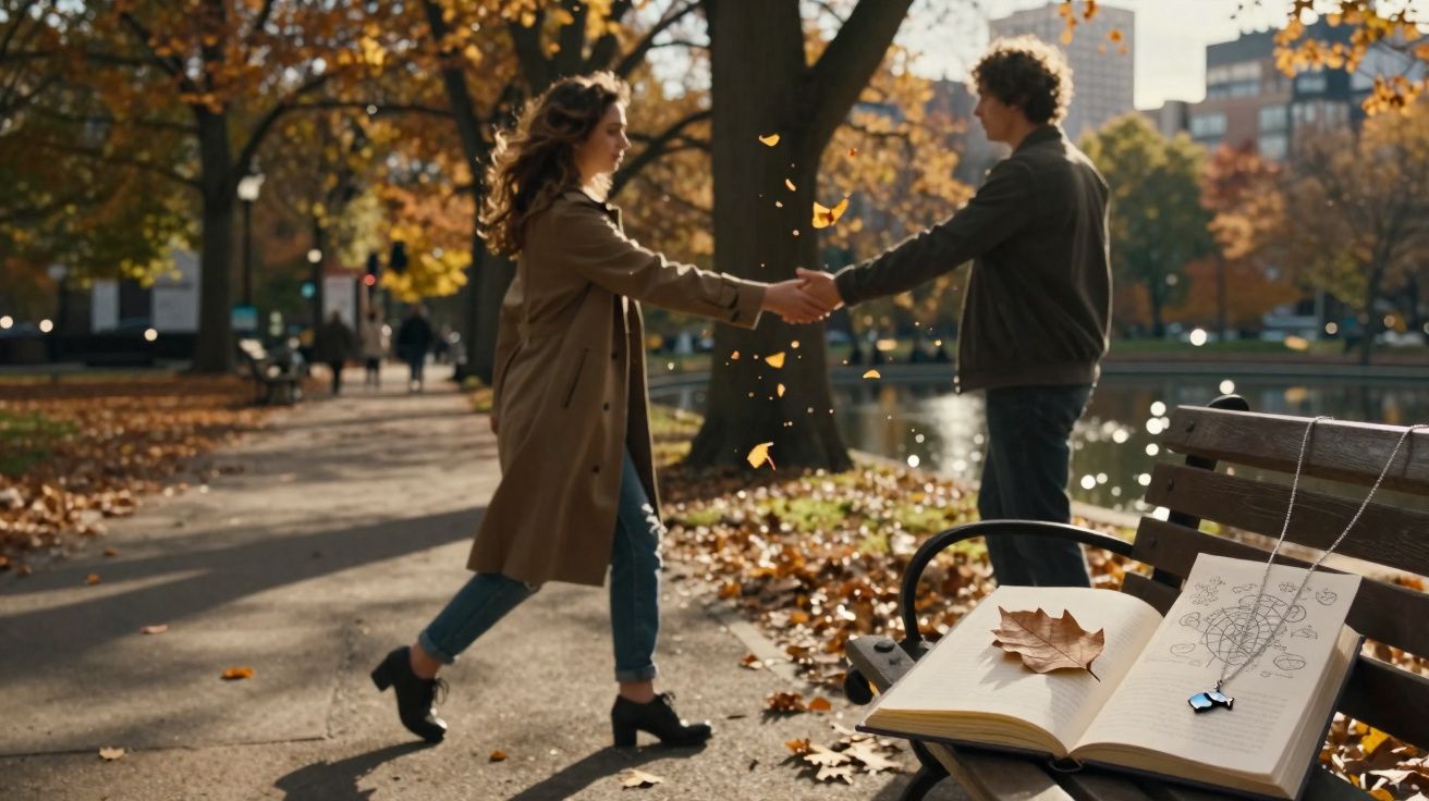 Casal jovem a cumprimentar-se num parque outonal junto a banco com livro aberto e folha seca.