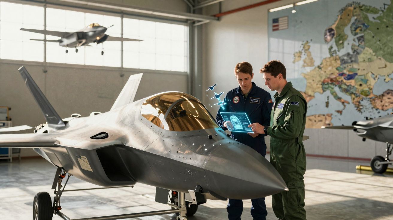 Dois pilotos analisam dados holográficos junto a um caça numa hangar com mapa da Europa ao fundo.