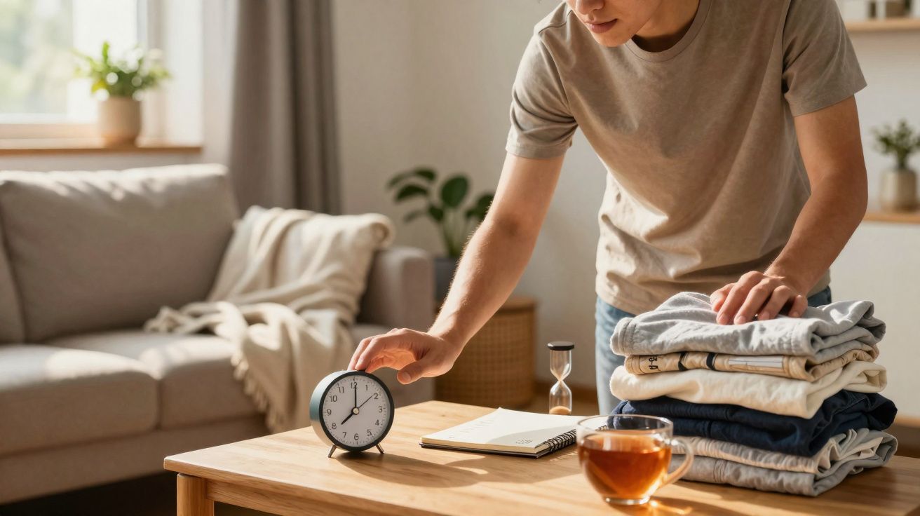 Pessoa a ajustar um relógio despertador numa mesa com roupa dobrada, chá e um bloco de notas numa sala iluminada.