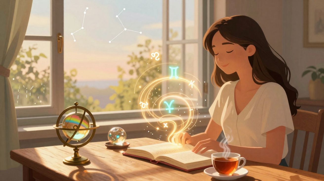 Jovem sentada a ler livro com símbolos astrológicos luminosos, chá e objetos astronómicos na mesa junto à janela.