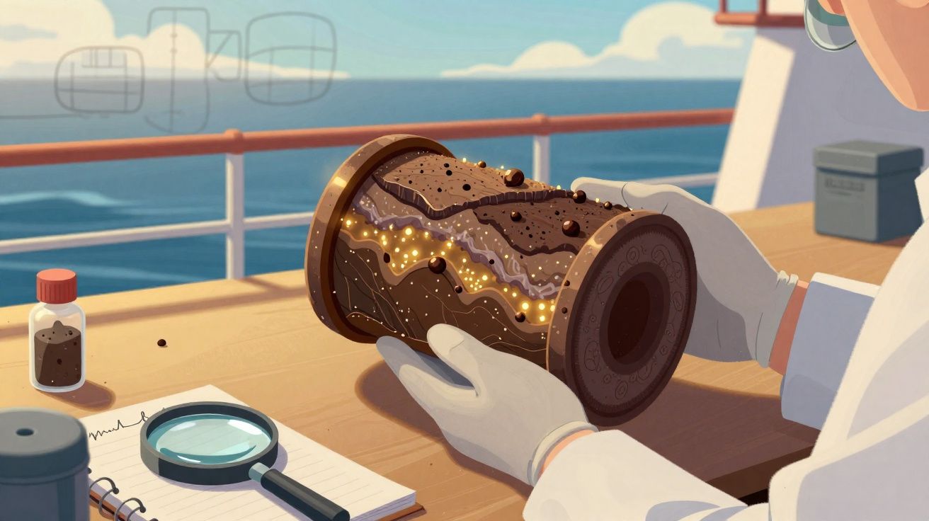 Pessoa com luvas a examinar artefacto arqueológico com lupa num convés com vista para o mar.