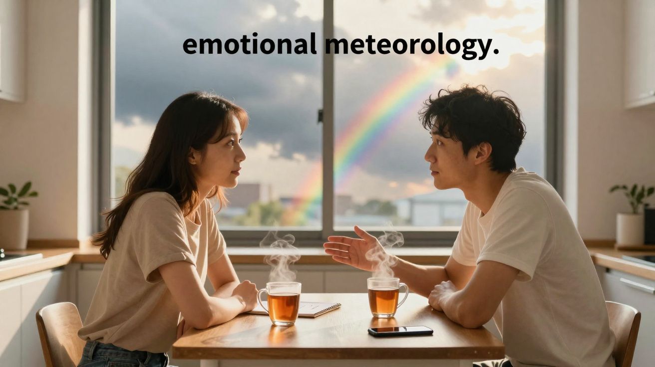 Casal a conversar na cozinha com chá quente e um arco-íris visível pela janela ao fundo.