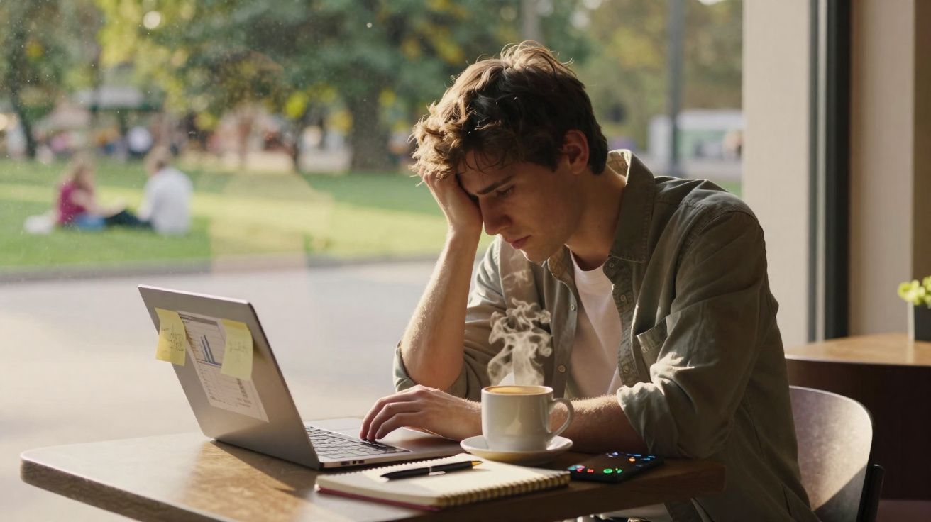 Homem pensativo a trabalhar num computador portátil com chá quente numa mesa junto a uma janela.