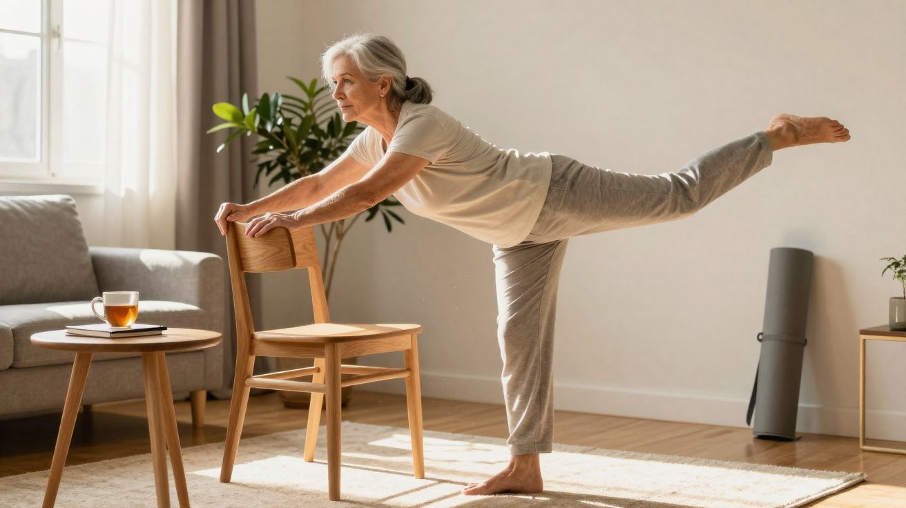 Senhora idosa a fazer exercício de equilíbrio em casa apoiada numa cadeira numa sala iluminada.