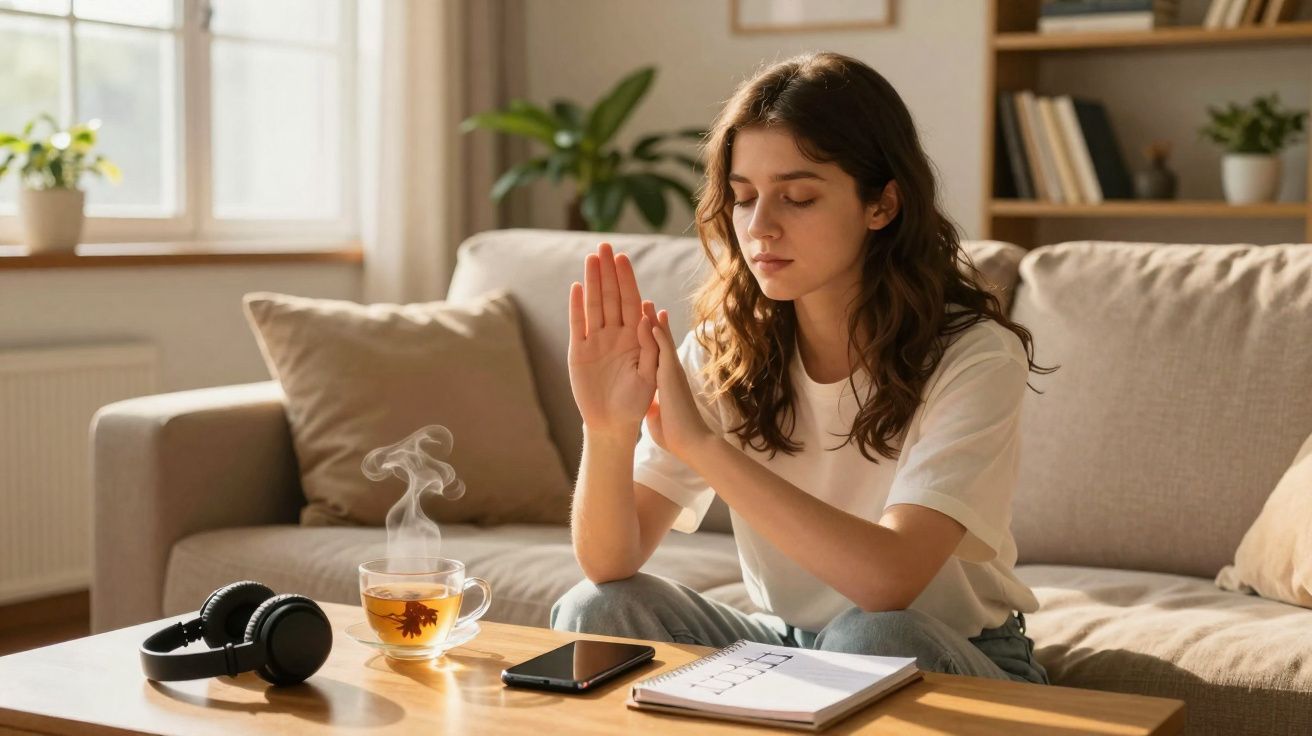 Mulher sentada no sofá com olhos fechados, a meditar com chá quente, telemóvel, caderno e auscultadores à sua frente.