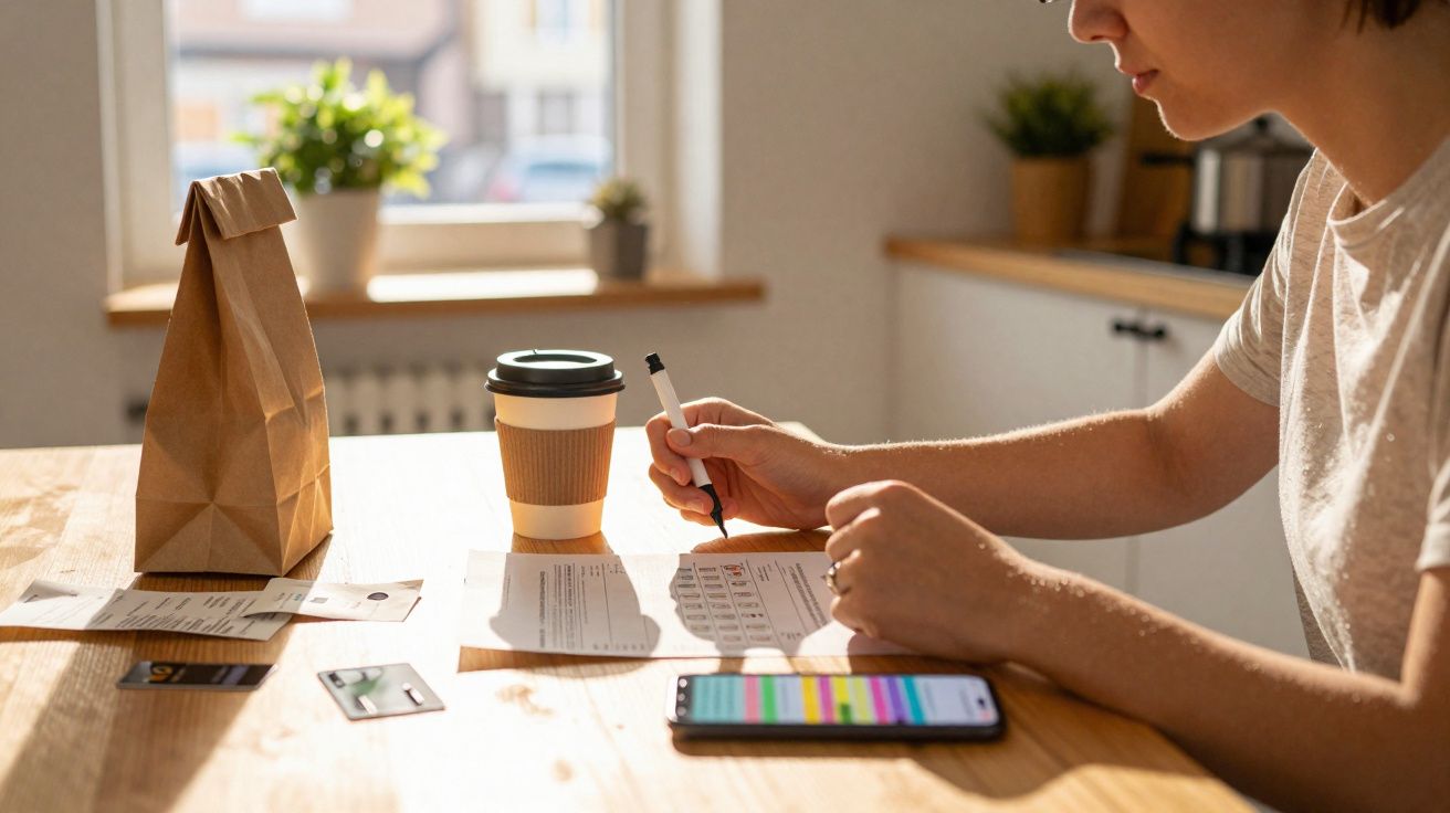 Pessoa a preencher documento numa mesa com smartphone, cartão, saco de papel e café numa chávena reciclável.