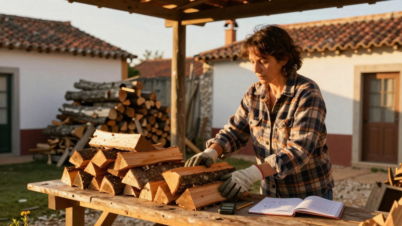 Mulher a organizar lenha num banco de madeira ao ar livre com livro aberto e lápis ao lado.