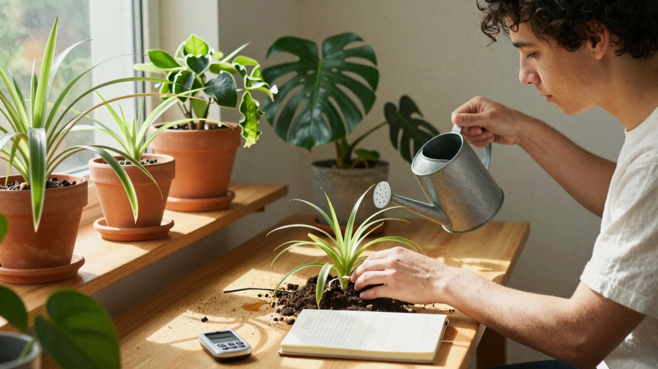 Pessoa a regar planta com regador metálico numa mesa de madeira com outras plantas e caderno.
