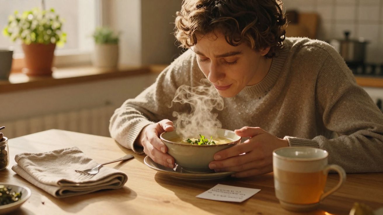 Pessoa cheira sopa quente numa tigela numa mesa de cozinha iluminada pela luz natural.