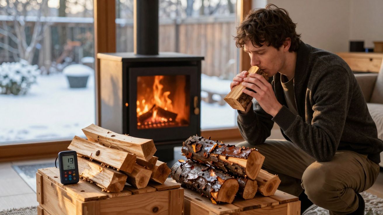 Homem juntando madeira para a lareira numa sala com lareira acesa e neve lá fora.