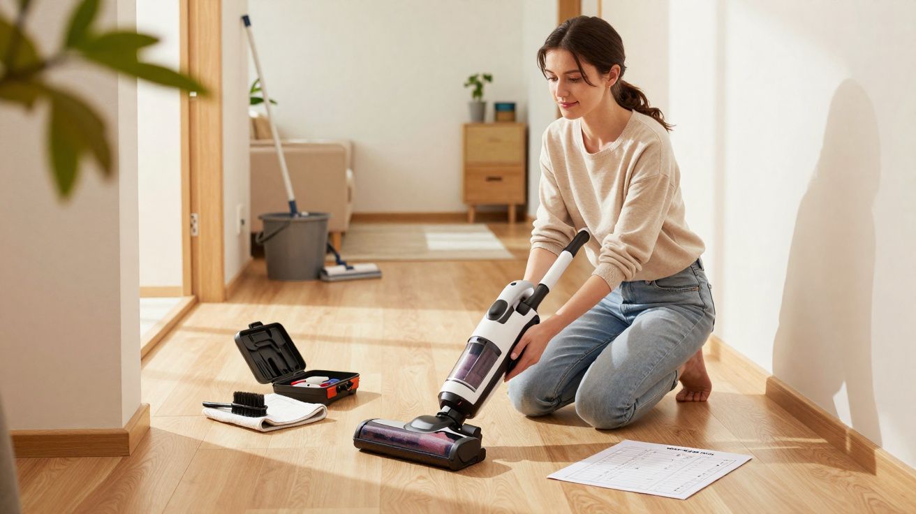 Mulher a aspirar chão de madeira num corredor iluminado, com acessórios de limpeza ao lado.