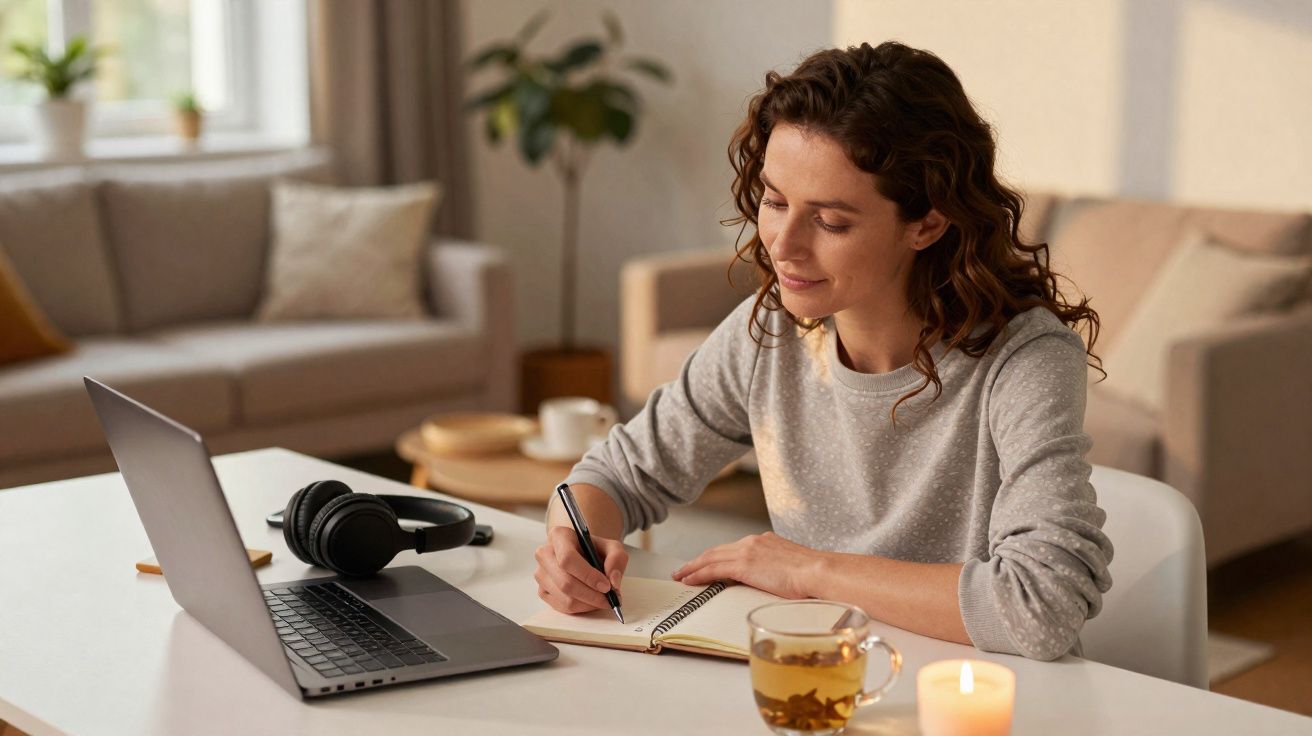 Mulher sorridente a escrever num caderno com computador, chá e vela numa mesa em sala acolhedora.