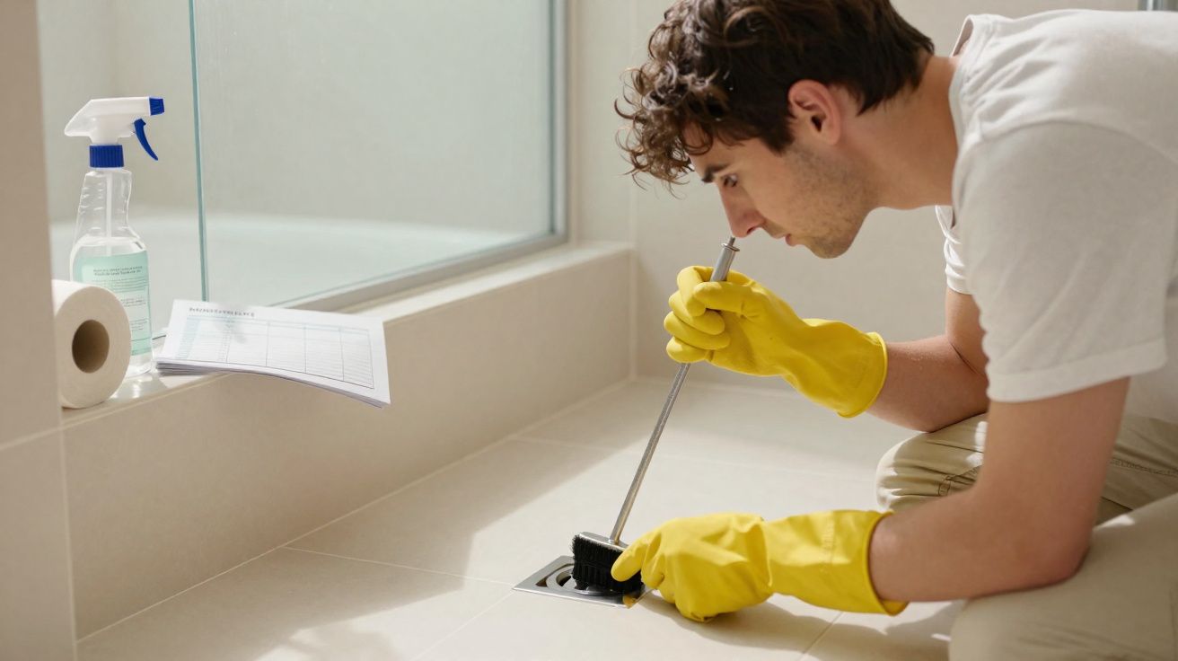 Homem a limpar o ralo do chão com escova, usando luvas amarelas e vestido casual.