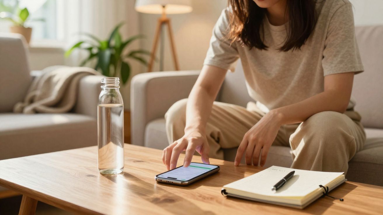 Pessoa a usar telemóvel com garrafa de água e caderno numa mesa de sala de estar iluminada naturalmente.