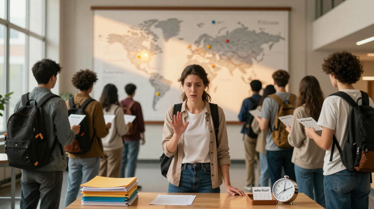 Jovem destaca-se preocupada numa sala com estudantes virados para um mapa-múndi, com relógio e documentos numa mesa.