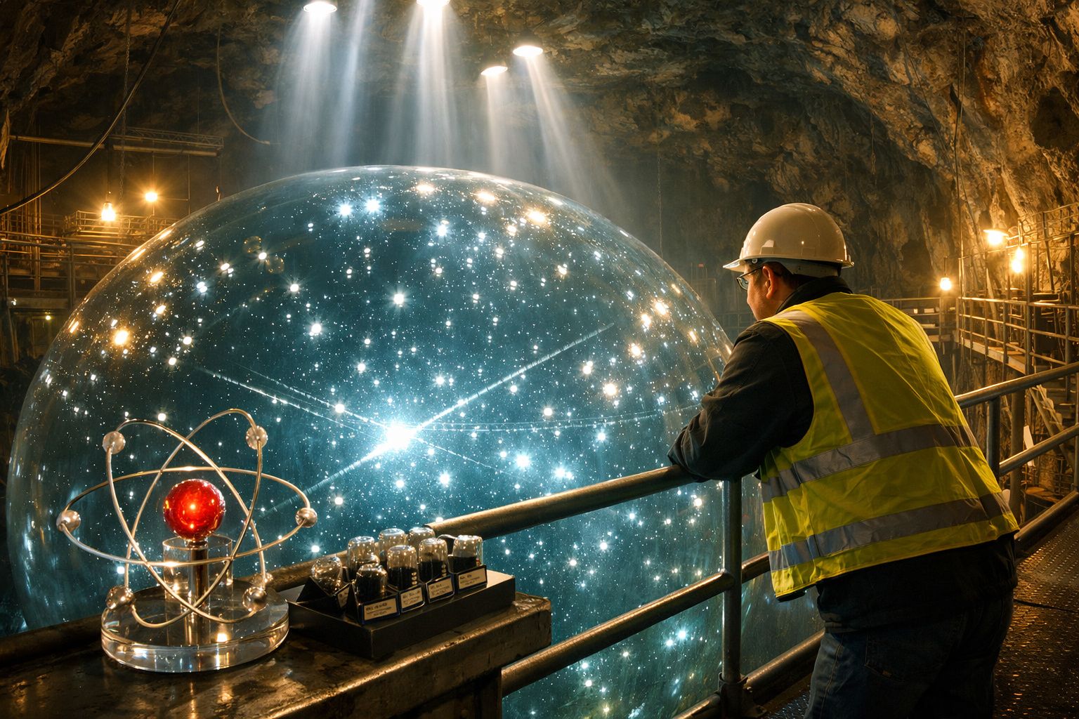 Homem com capacete e colete refletor numa plataforma observa uma esfera luminosa com estrelas num ambiente subterrâneo.
