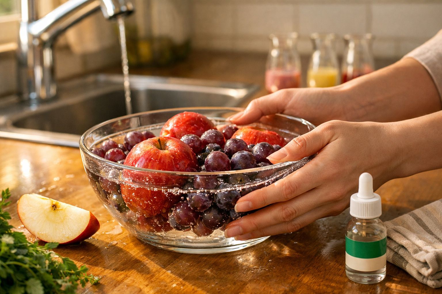 Mãos a segurar uma taça de vidro com maçãs e uvas em água sobre uma bancada de cozinha em madeira.