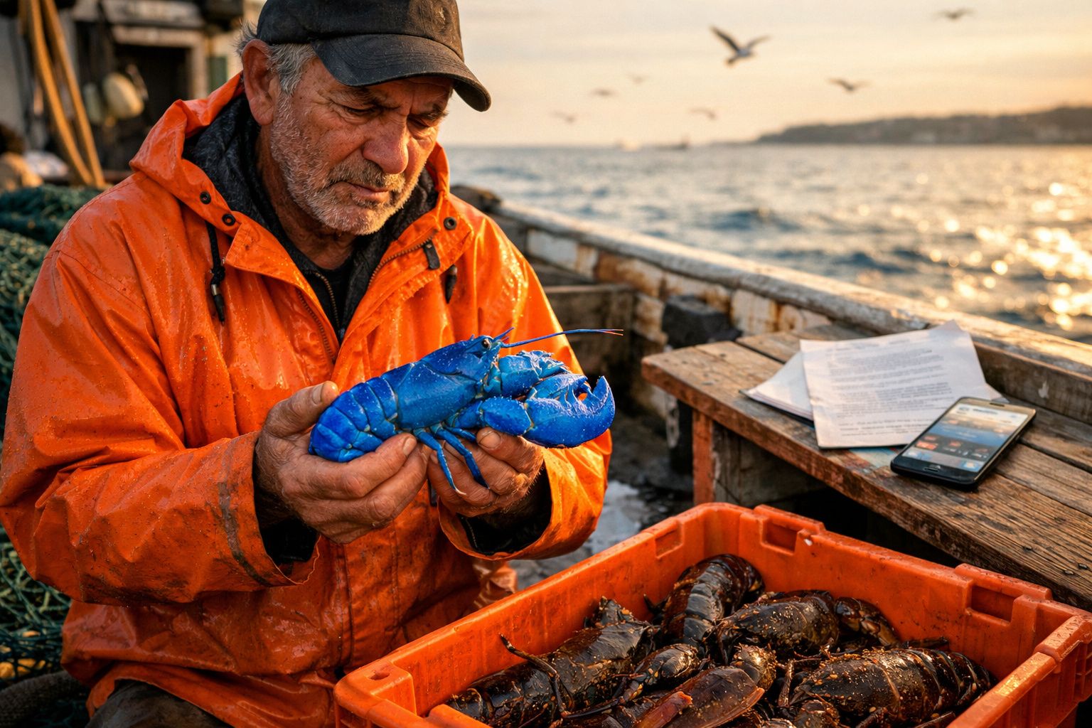 Pescador com fato impermeável laranja segura lagosta azul numa embarcação ao pôr do sol.