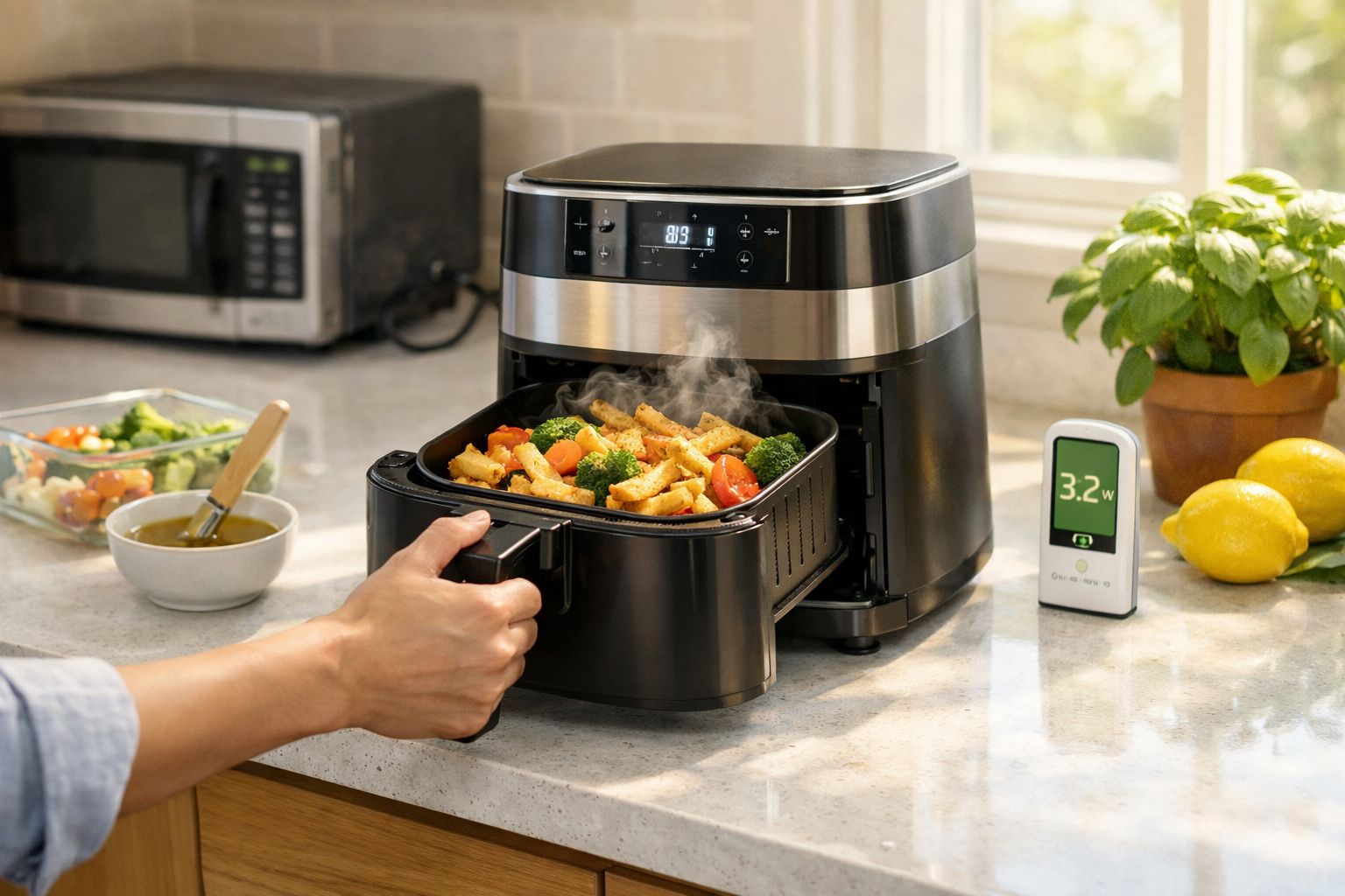 Pessoa retira cesta com legumes e batatas fritas quentes de uma air fryer preta na cozinha.