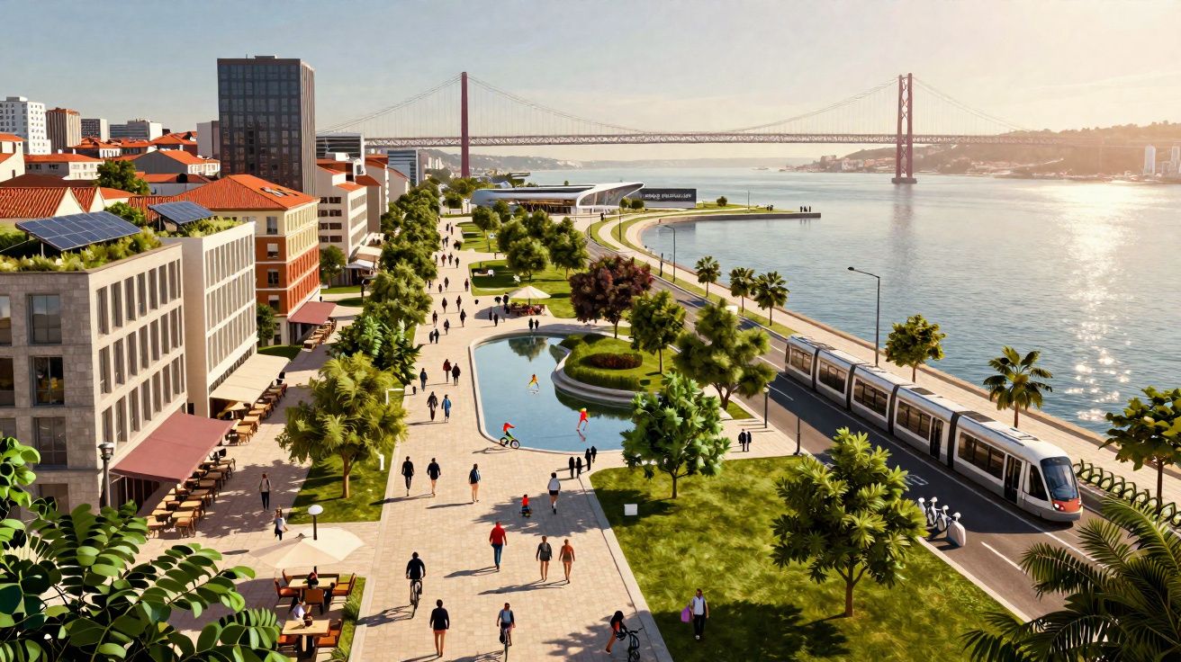 Passeio ribeirinho com pessoas, lago, elétrico e ponte suspensa ao fundo num dia soalheiro em Lisboa.