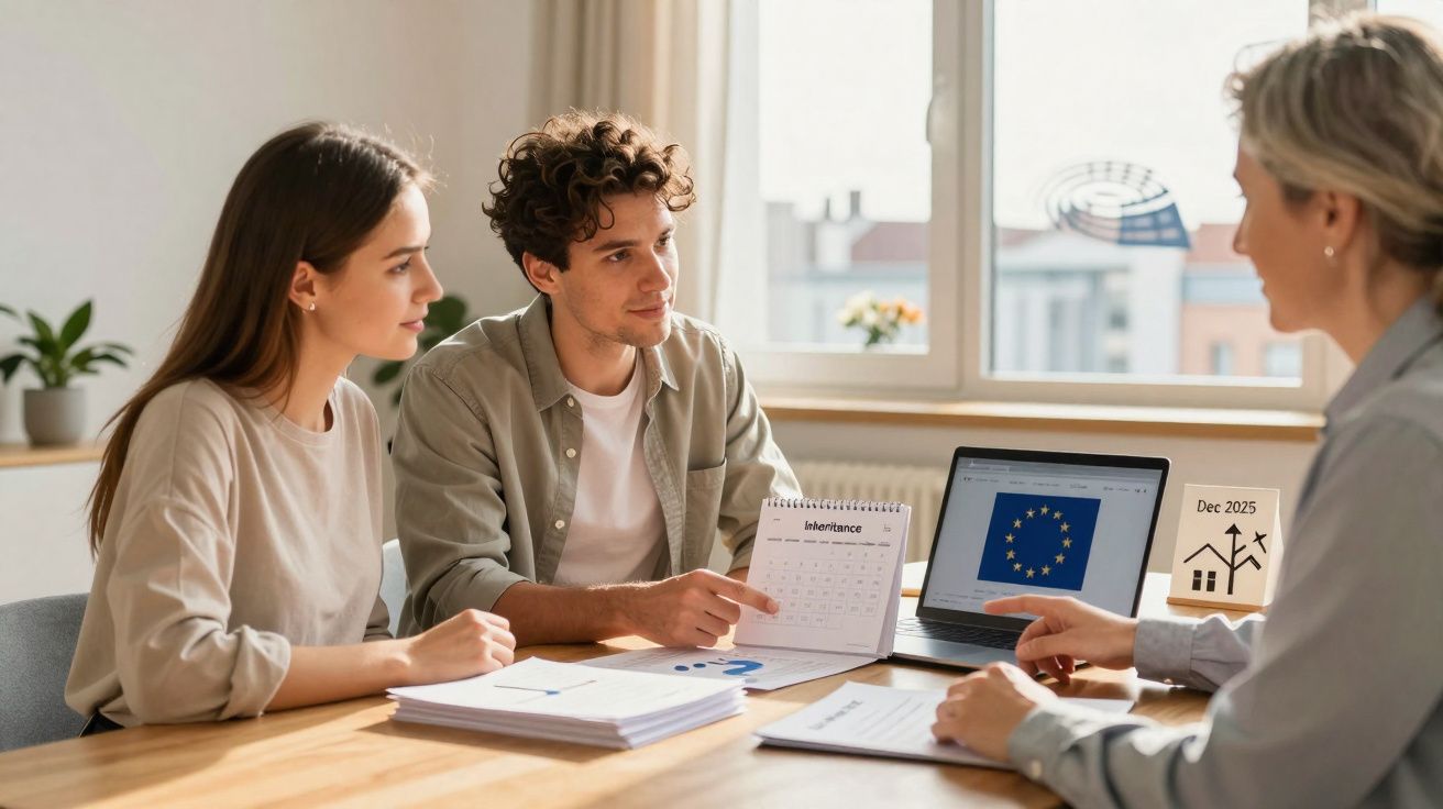 Jovem casal reunido com conselheira para discutir calendário de herança e planeamento financeiro.