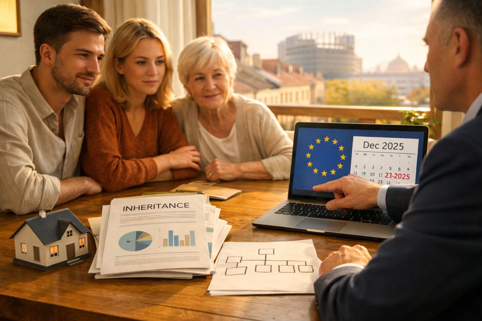 Reunião familiar com consultor a discutir herança financeira e calendário numa mesa com documentos e maquete de casa.