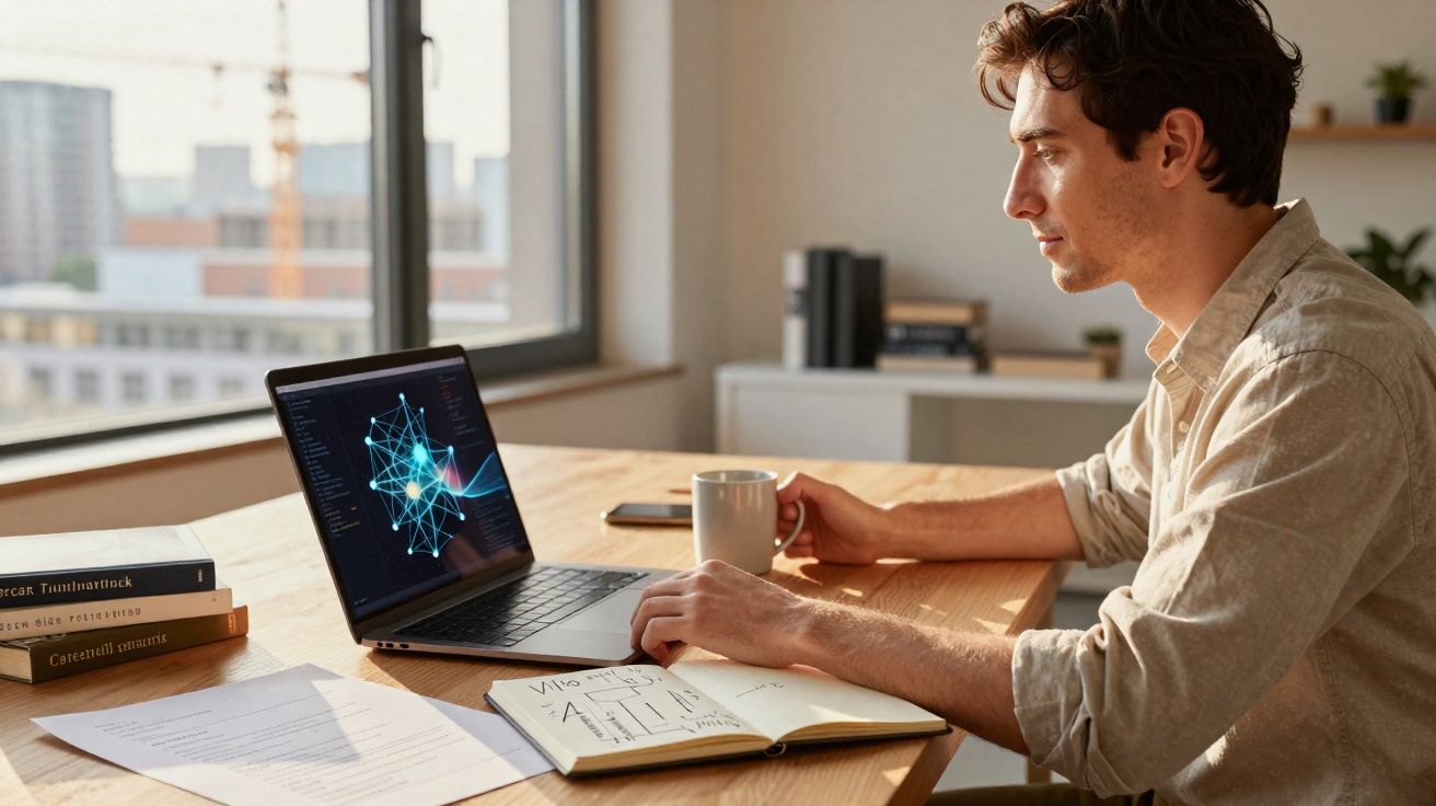 Homem a trabalhar num computador portátil com gráficos digitais, sentado numa mesa junto à janela.