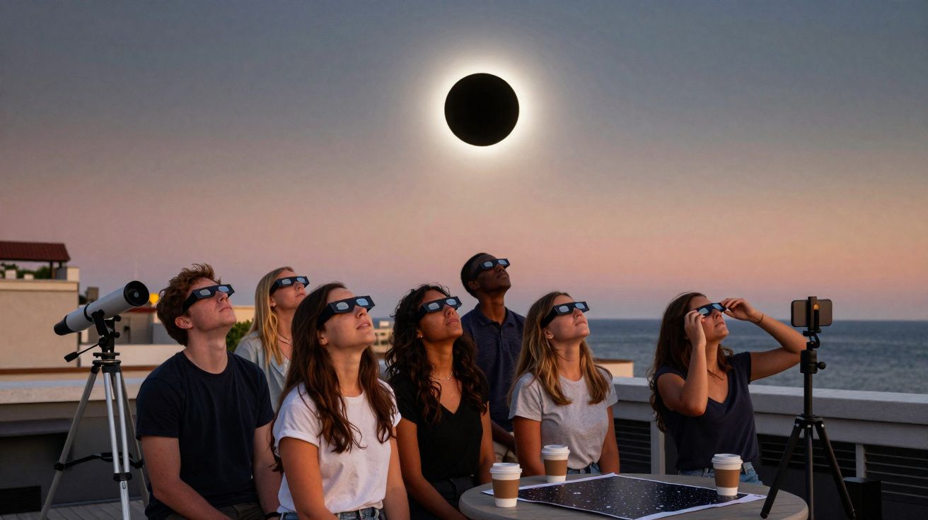 Grupo de pessoas com óculos de observação assistindo a um eclipse solar ao pôr do sol junto ao mar.