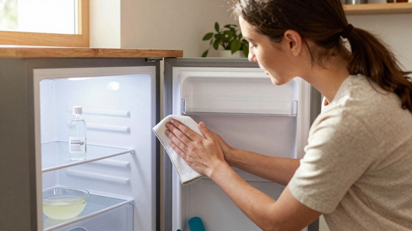Mulher a limpar o interior da porta de um frigorífico aberto, numa cozinha iluminada.