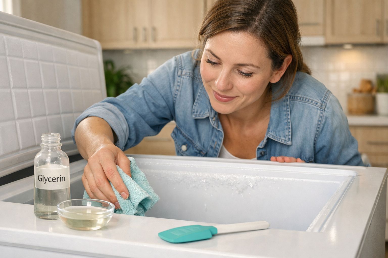 Mulher a limpar o interior de um frigorífico com um pano azul numa cozinha moderna.