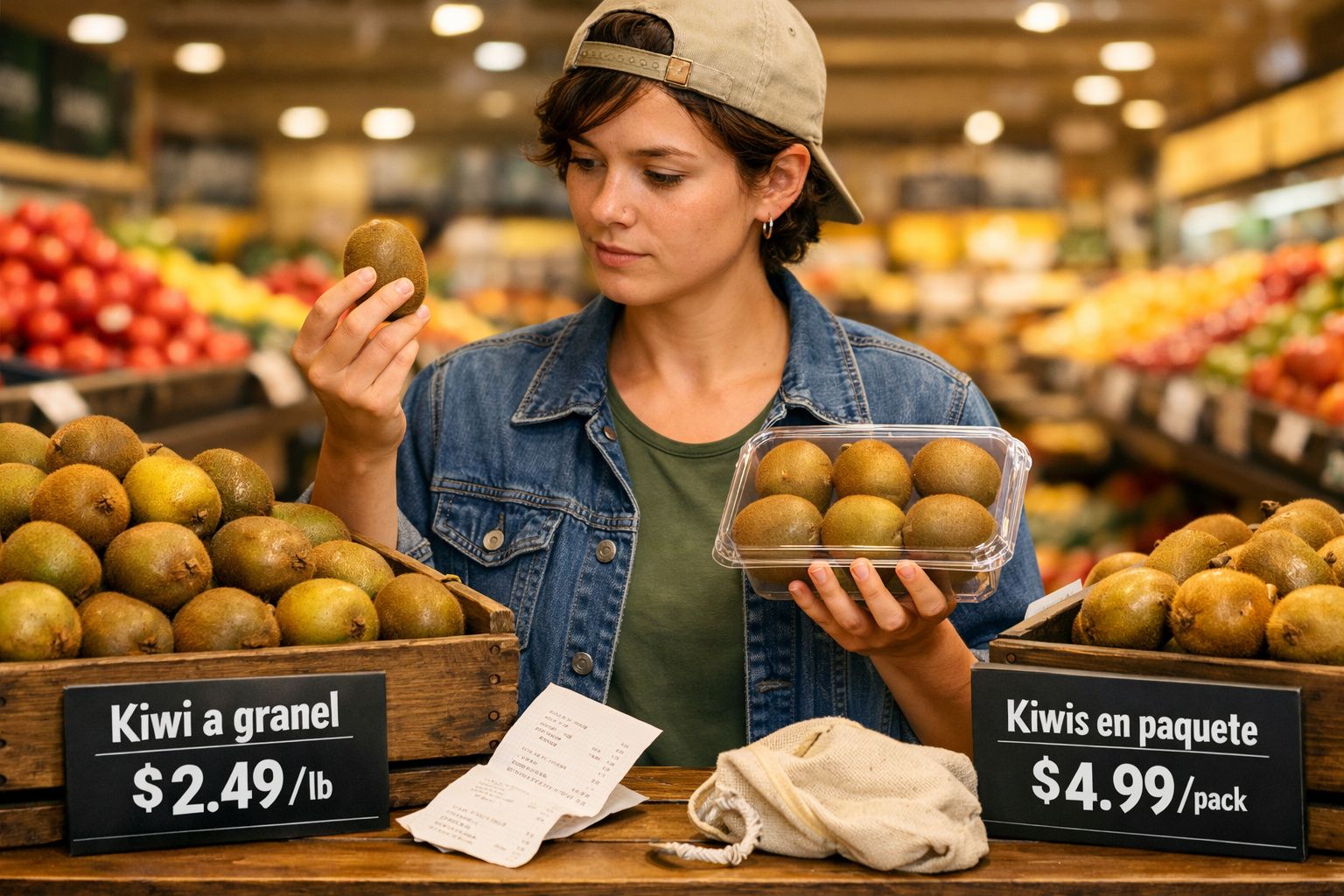 Mulher a segurar kiwi em supermercado, comparando preço de kiwi a granel e em pacote.