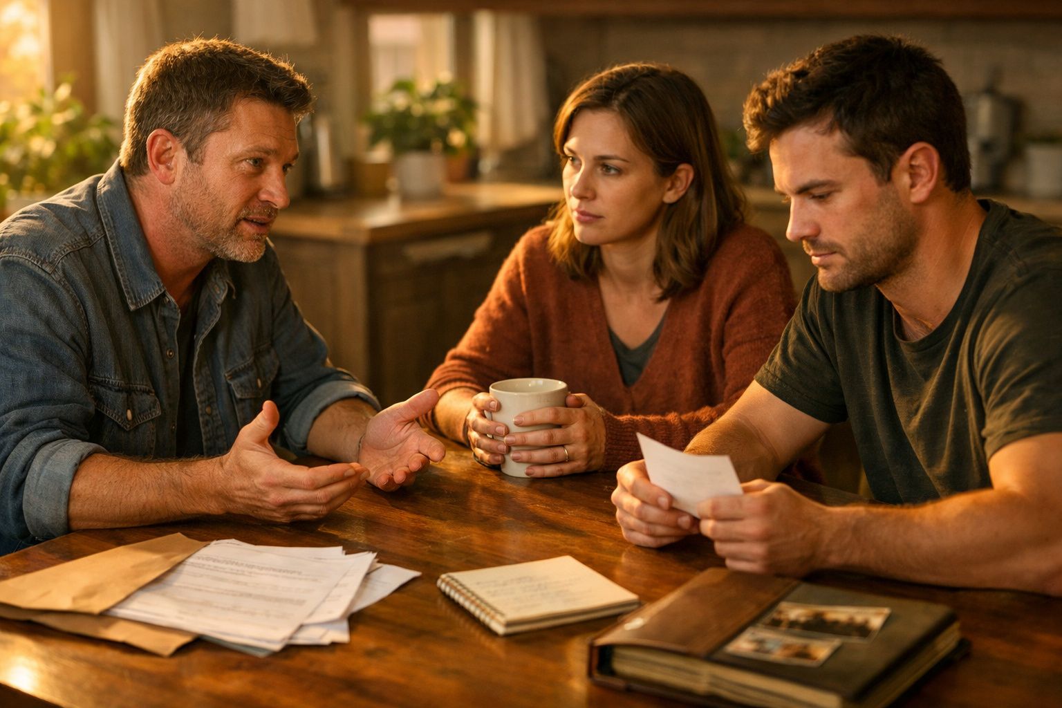 Três adultos sentados à mesa, discutindo documentos e segurando uma folha e uma caneca num ambiente acolhedor.