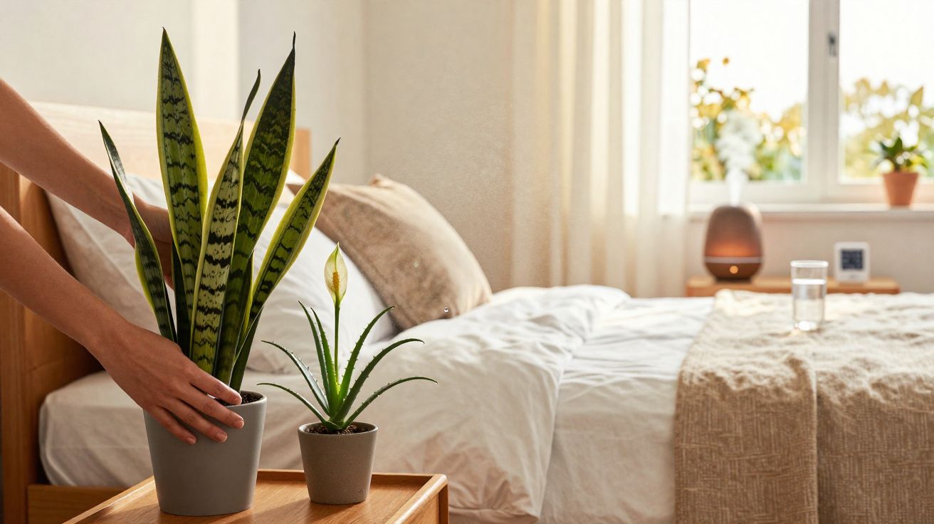 Pessoa a colocar planta em vaso cinzento numa mesa junto a uma cama com roupa de cama branca e bege