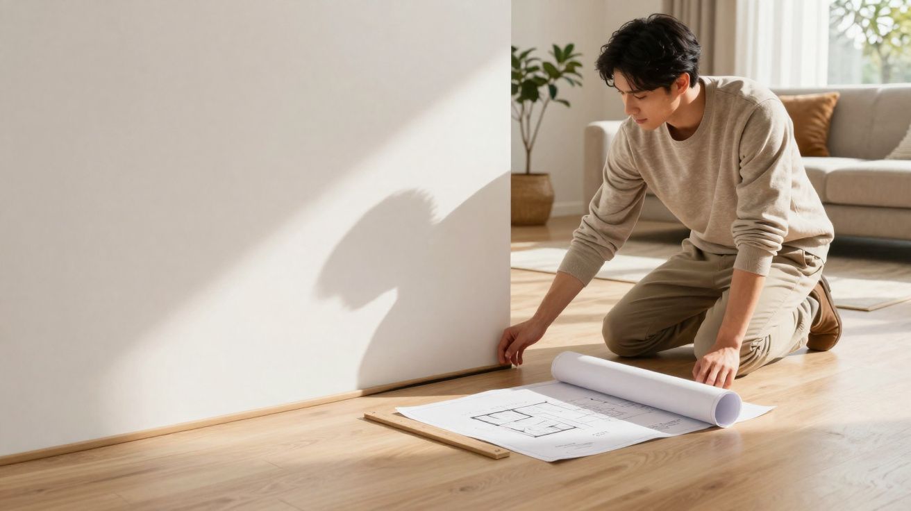 Homem ajoelhado no chão a desenhar plantas arquitetónicas junto a uma parede branca e sofá.