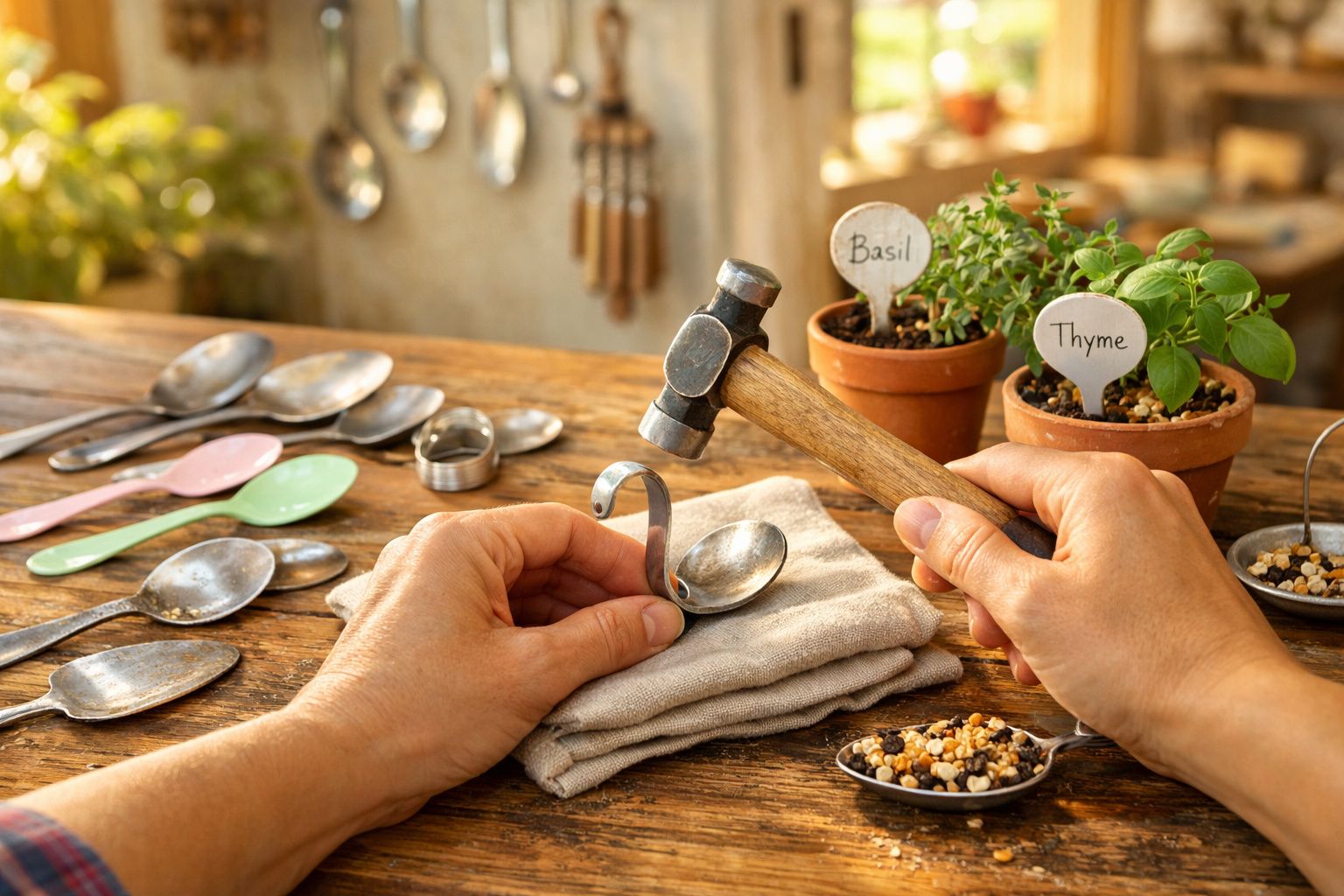 Mãos a moldar colher de estanho com martelo sobre pano numa mesa com colheres e plantas aromáticas.