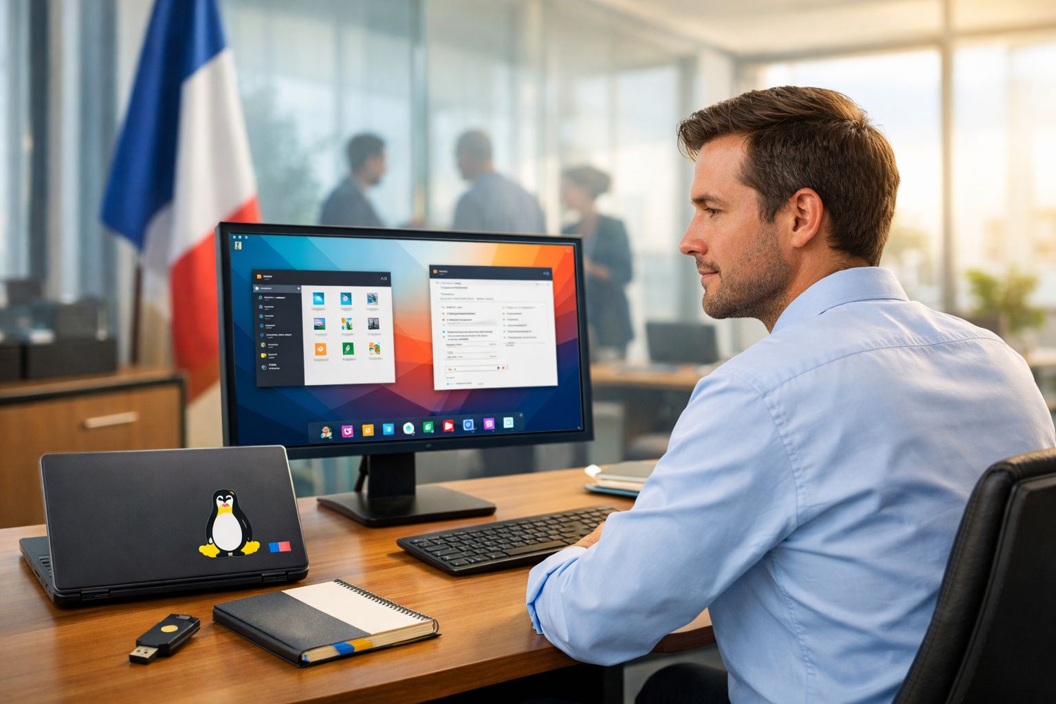 Homem de camisa azul sentado em escritório moderno, a olhar para ecrã de computador com software aberto.