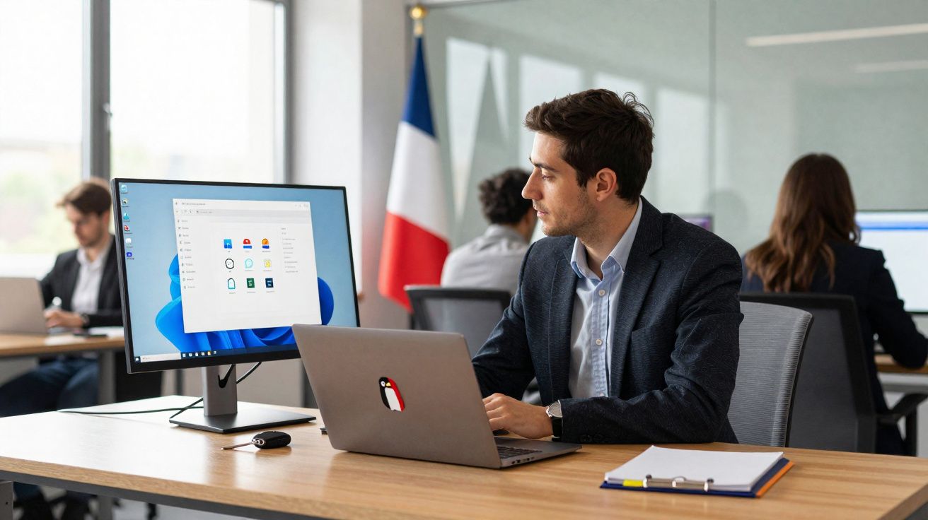 Homem de negócios a trabalhar num escritório com bandeira francesa ao fundo e computador portátil aberto.