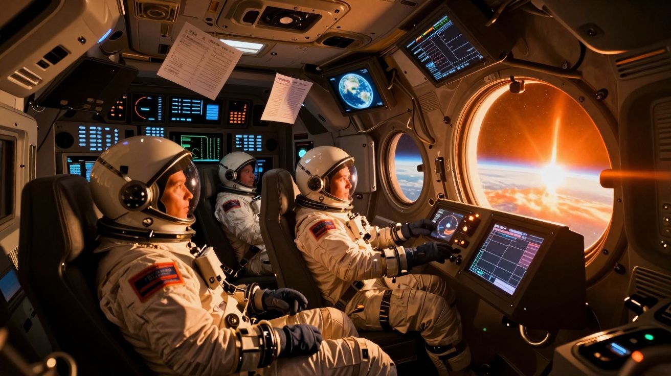 Três astronautas em fato espacial dentro de uma cápsula espacial com vista para a Terra e o sol ao fundo.