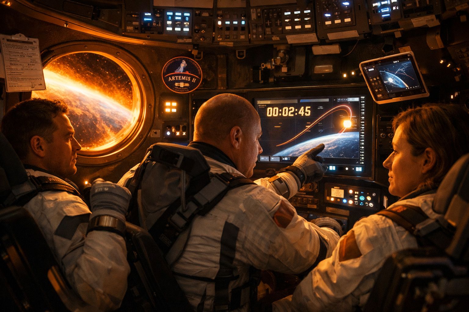 Três astronautas em fatos espaciais dentro de uma nave a observar um ecrã com gráficos e contagem atrás da Terra.