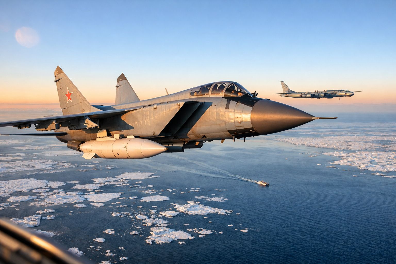 Aviões militares russos a sobrevoar o mar com gelo flutuante ao pôr do sol.