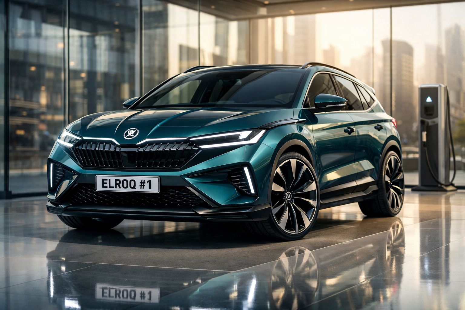 Carro elétrico Škoda Elroq azul metálico estacionado em piso brilhante com prédio ao fundo.