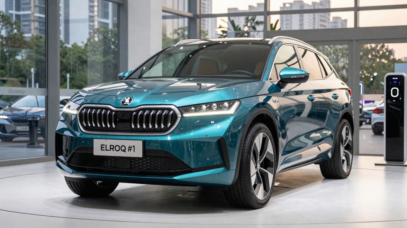 Carro elétrico Skoda Elroq #1 verde azul exposto em salão automóvel moderno.