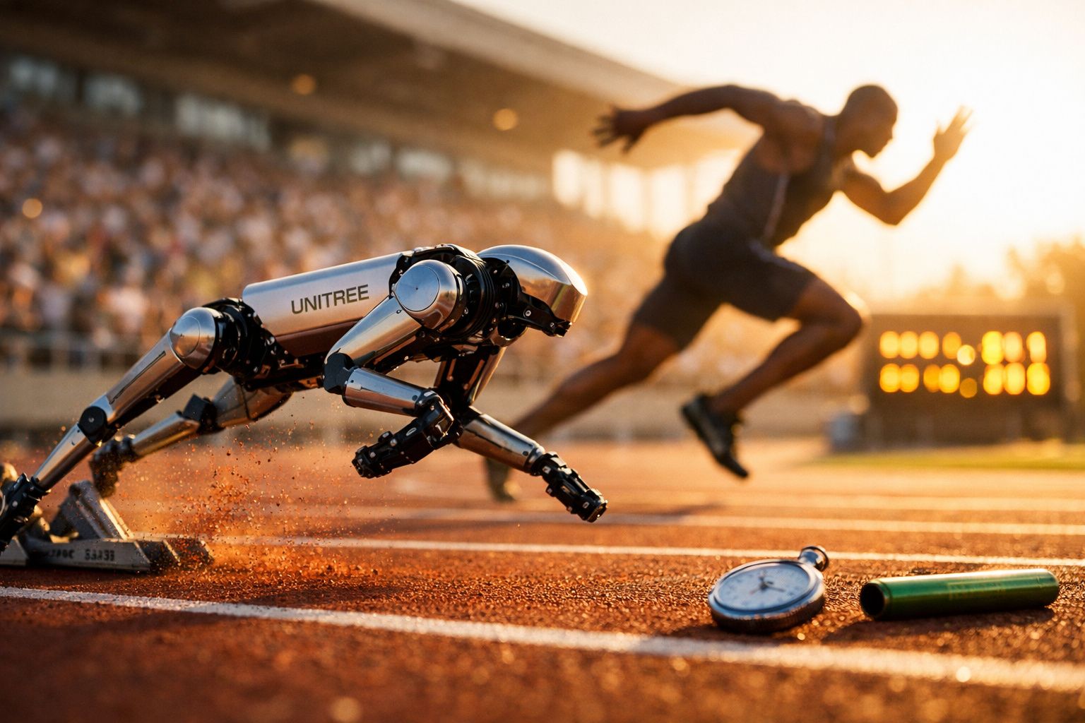 Robô humanoide e atleta a competir numa corrida numa pista ao pôr do sol.