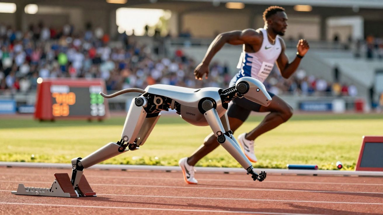 Robô em forma de cão a correr numa pista de atletismo ao lado de um atleta humano durante uma prova.