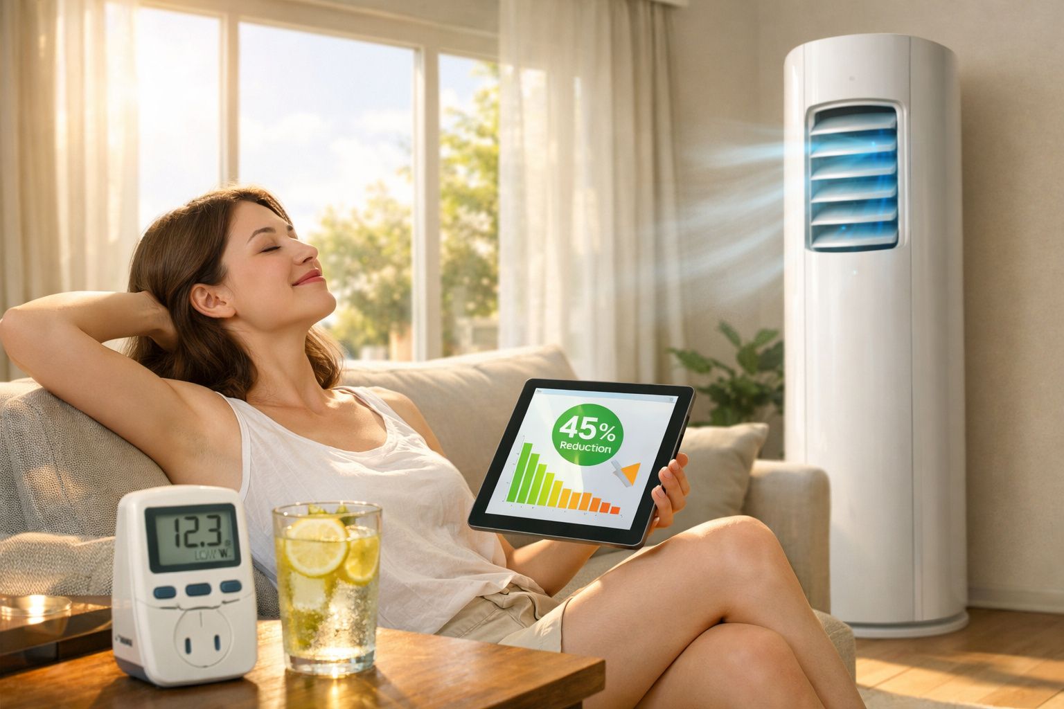 Mulher relaxa em sofá com ar condicionado e tablet mostra redução de 45% no consumo energético.