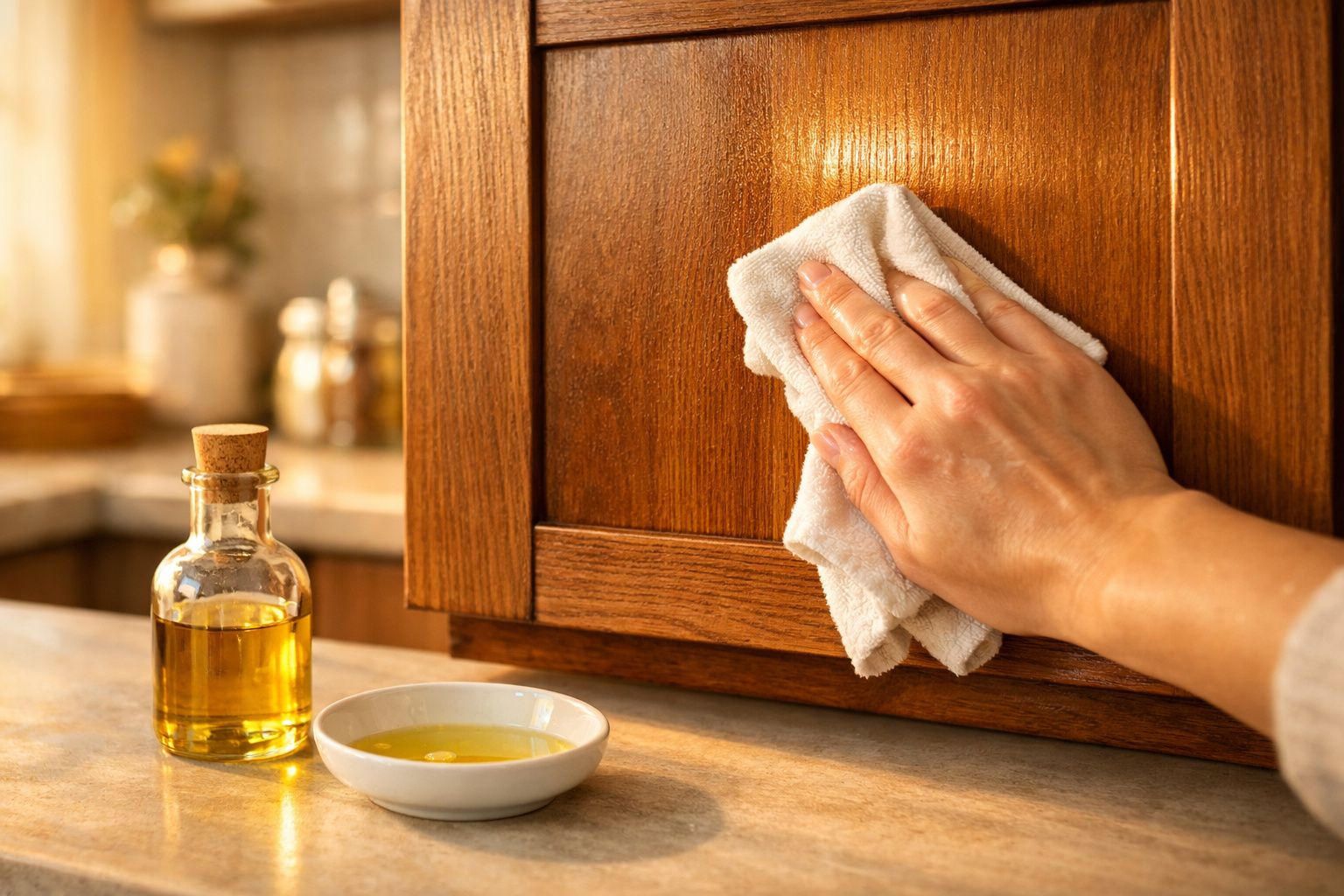 Mão a limpar porta de armário de cozinha em madeira com pano branco, próximo a garrafa e prato com óleo.