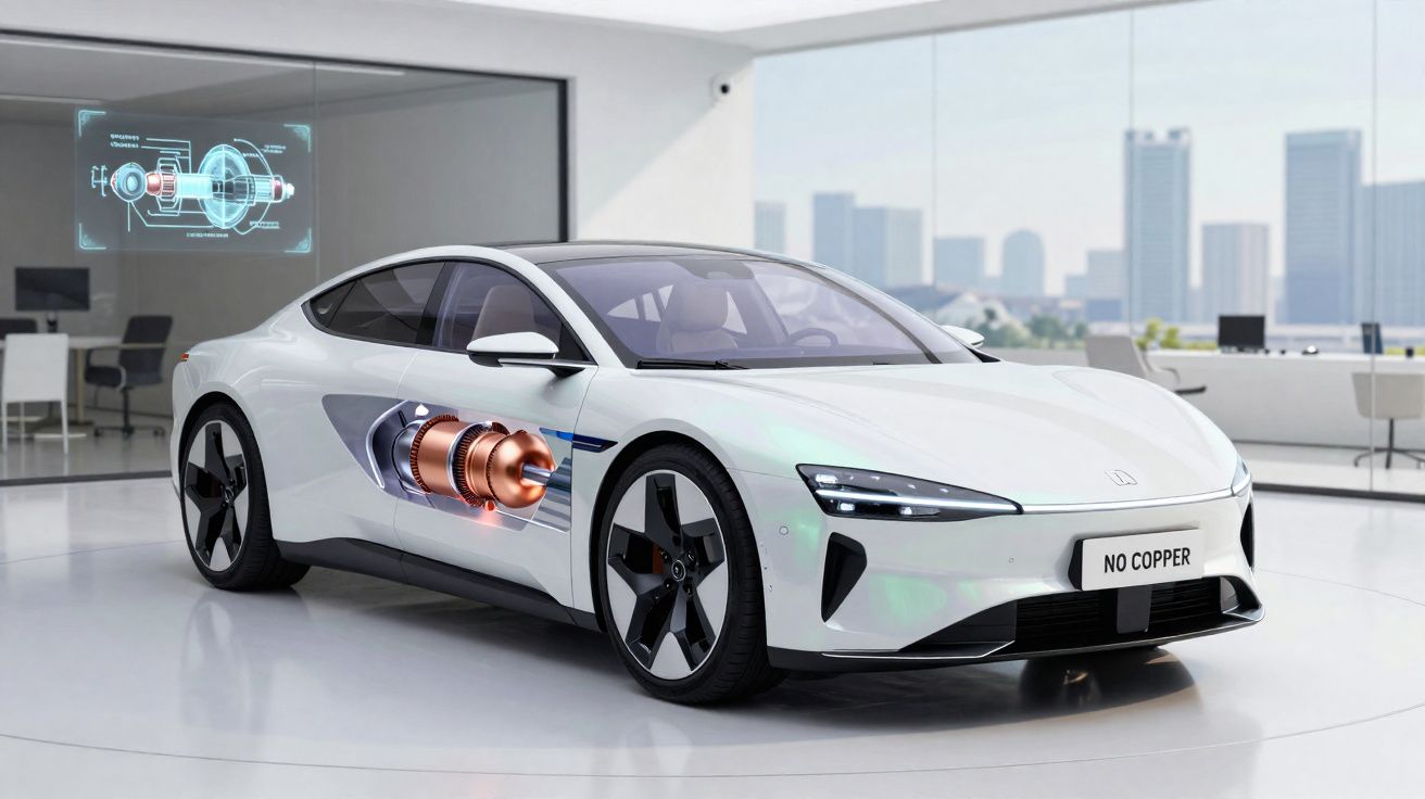 Carro elétrico branco com motor interno destacado em exposição moderna com vista urbana.