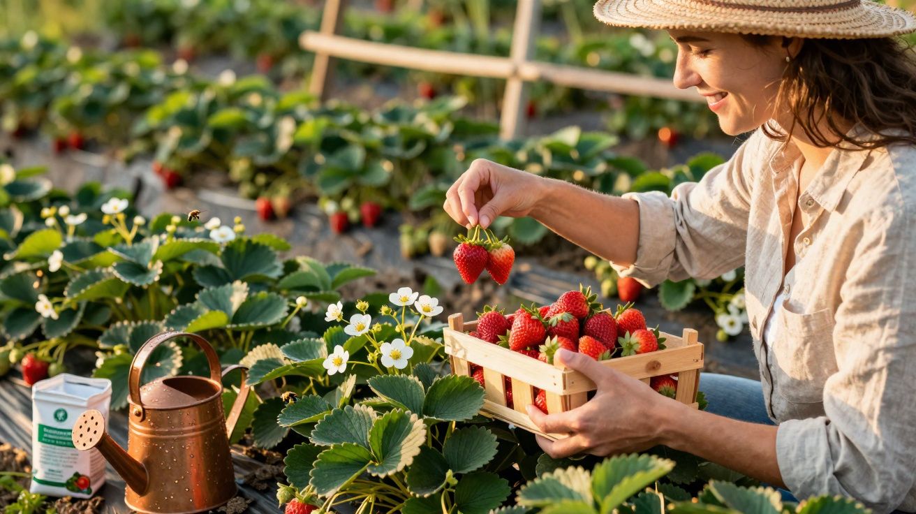 Mulher com chapéu a colher morangos maduros numa caixa num campo de cultivo ao pôr do sol.
