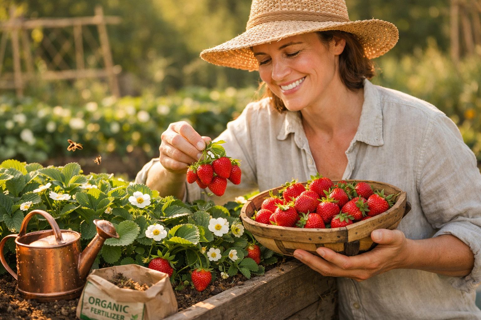 Mulher com chapéu a colher morangos maduros numa plantação, segurando uma cesta cheia de morangos.