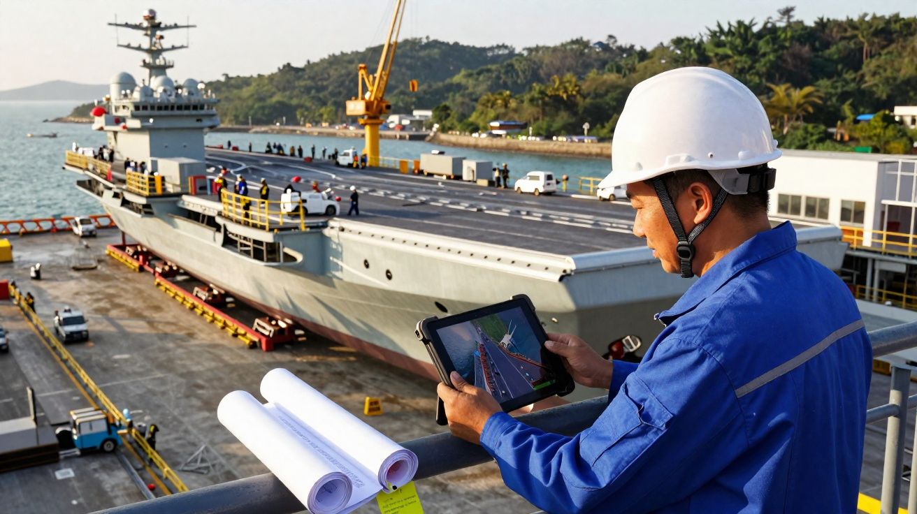 Homem de capacete branco e fato azul usa tablet junto a blueprint com porta-aviões atracado no porto ao fundo.